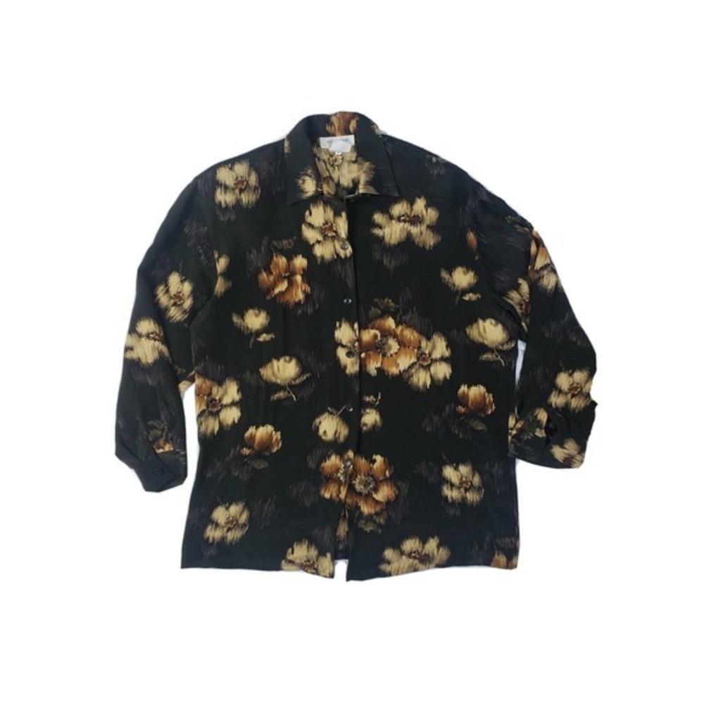 Jones New York 100% Silk Black Floral Long‎ Sleeve Button Up Shirt Womens 6P